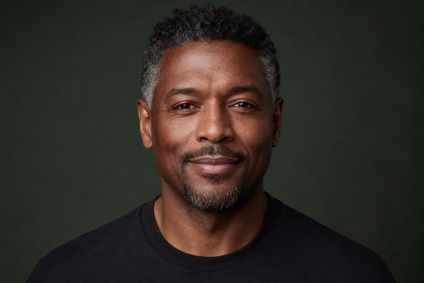 Vital man in a forest green studio portrait, hormone balance wellness