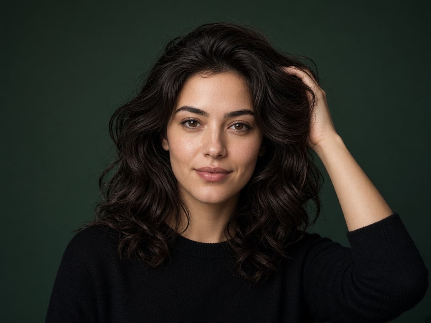Young woman with full healthy hair running a hand through it, forest green studio portrait