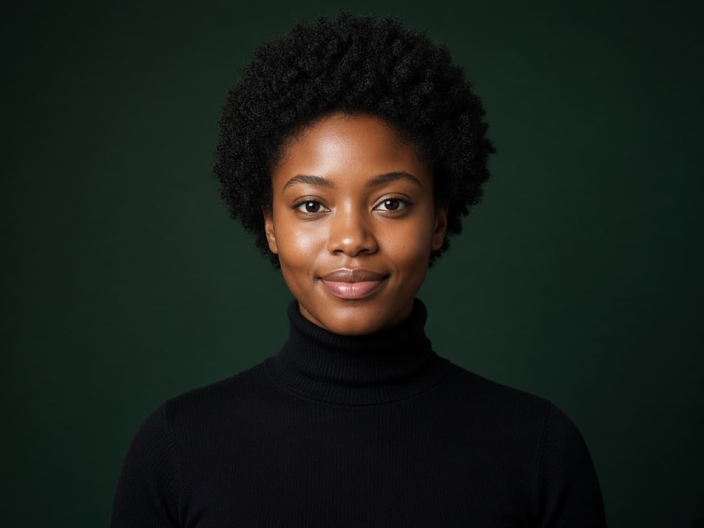 Young woman with a defined jawline, forest green studio portrait