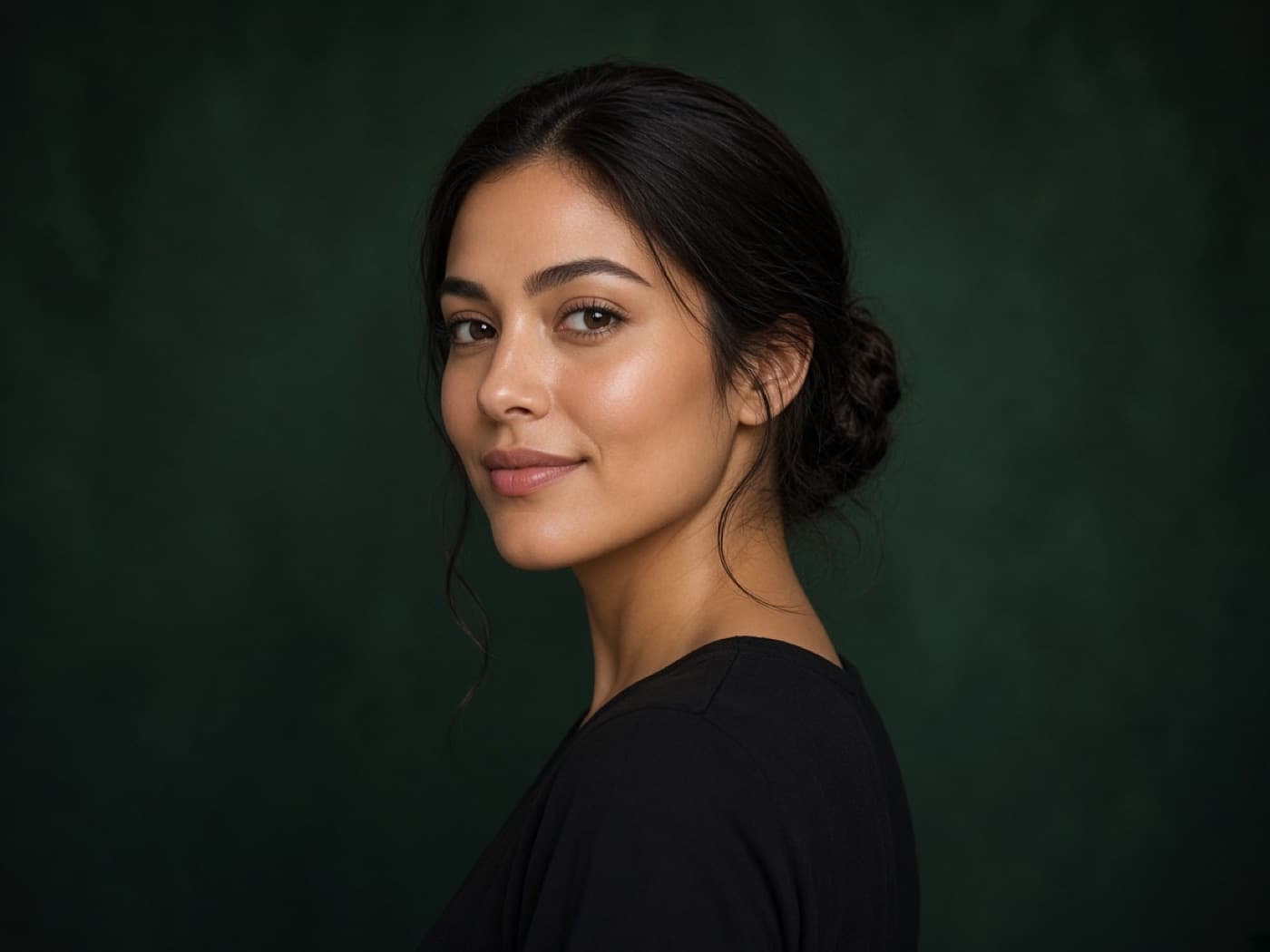 Young woman with smooth glowing skin turning toward camera, forest green studio portrait
