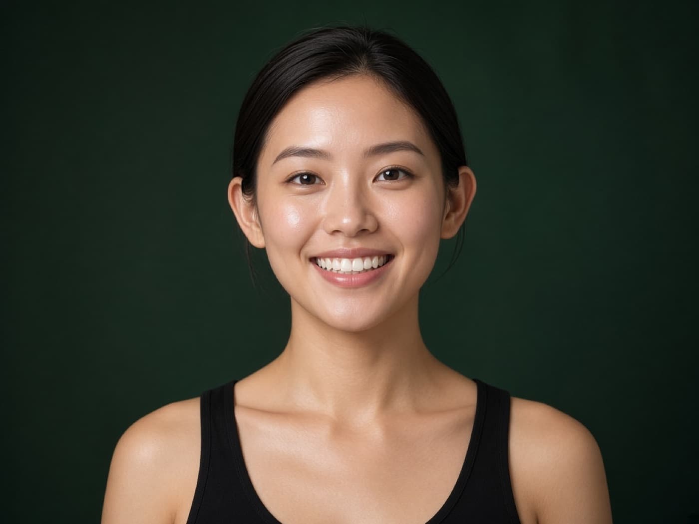 Young woman with dewy hydrated skin, forest green studio portrait